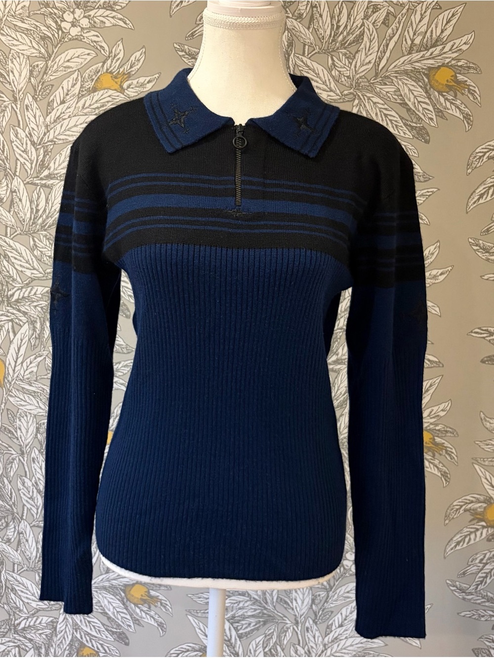 Vintage Nils Women’s Large Wool Blend Ski Polo 1/4 Zip Blue Black Ribbed Sweater